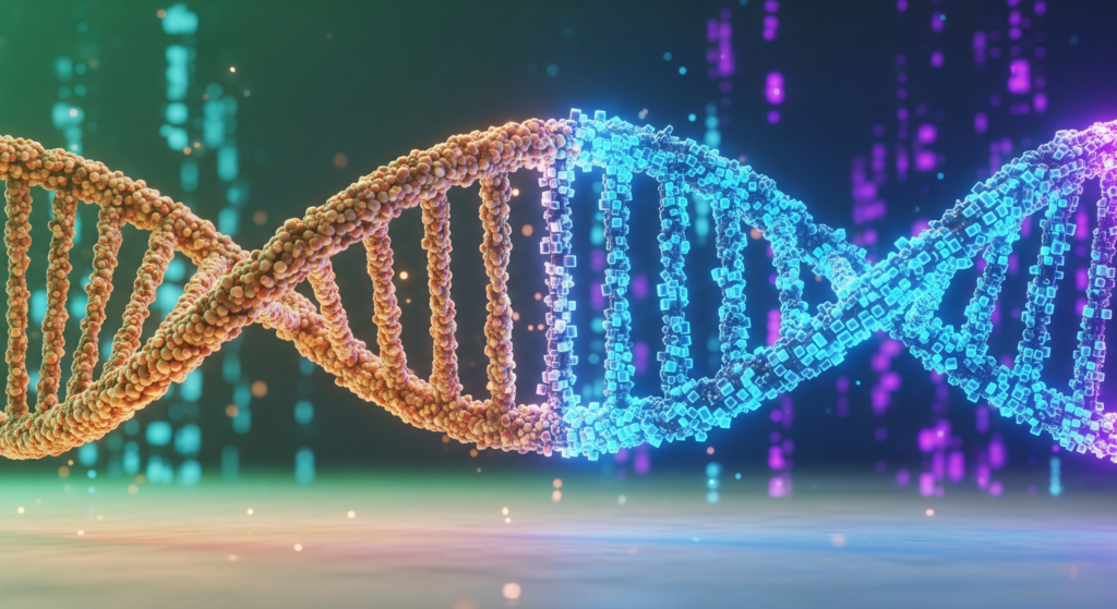 Okay, here are the SEO elements for the uploaded image, tailored for your WordPress blog post about biotech, data integrity, and blockchain. Image: blog image 1.jpg (DNA helix transforming from organic to digital) 1. Alt Text: DNA double helix transitioning from an organic structure on the left to a glowing, digital, block-like structure on the right, symbolizing the digitization and data integrity in biotech.