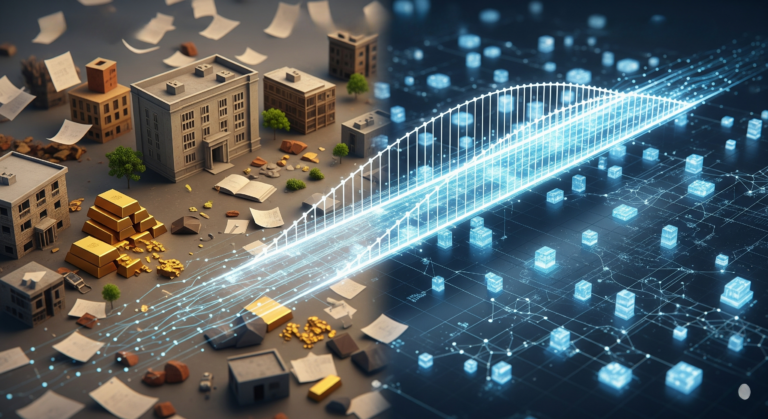 A digital illustration showing a luminous, high-tech bridge connecting two distinct worlds. On the left is a fragmented and disorganized cluster of traditional physical assets like papers and buildings. On the right is a sleek, organized, and glowing network of interconnected blocks, representing a blockchain. The bridge symbolizes blockchain technology as the solution to the infrastructure gap for integrating real-world assets.