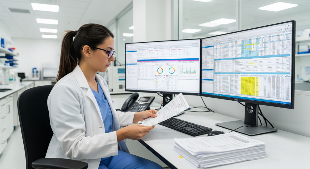 Clinical trial finance specialist managing milestone payments and ASC 606 accounting using automated software dashboards