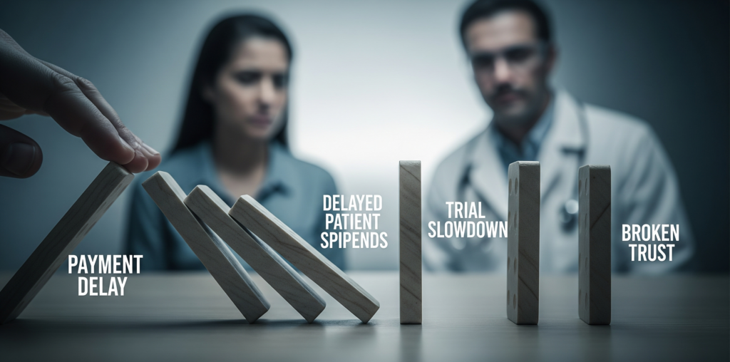 A conceptual image showing a domino effect where a 'Payment Delay' in a clinical trial leads to 'Delayed Patient Stipends,' 'Trial Slowdown,' and 'Broken Trust,' symbolizing the human and operational costs.