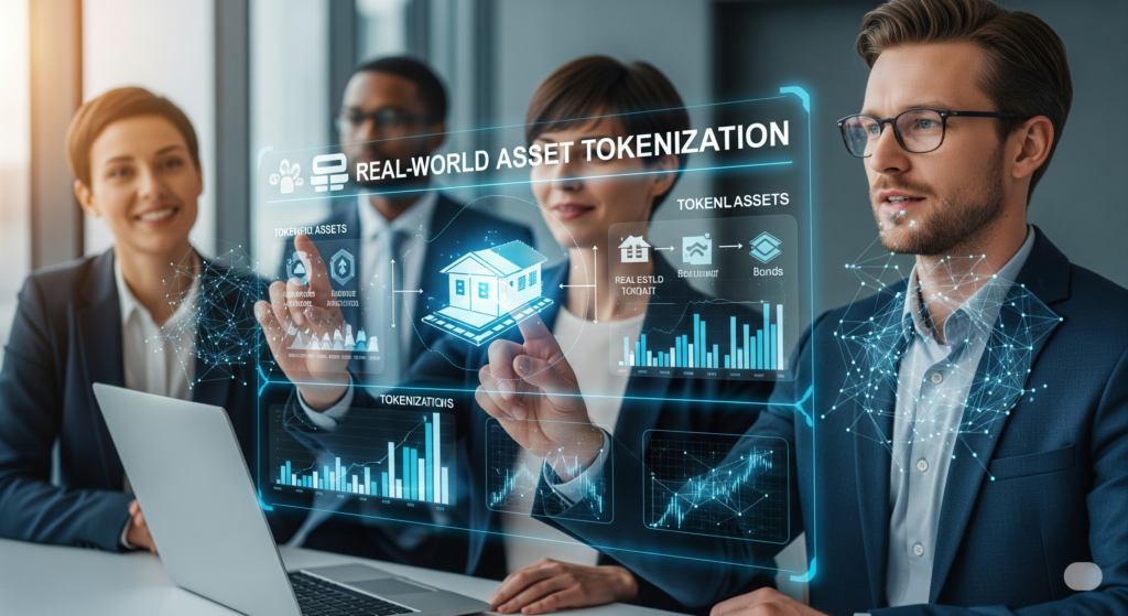 Business professionals collaborating on a holographic display visualizing real-world asset tokenization with charts representing tokenized assets like real estate and bonds.