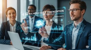 Business professionals collaborating on a holographic display visualizing real-world asset tokenization with charts representing tokenized assets like real estate and bonds.