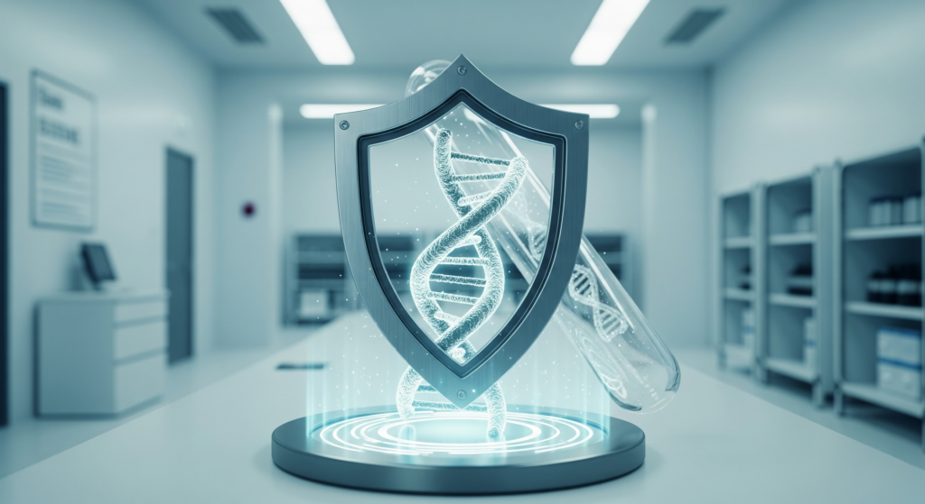 A digital representation of a DNA double helix within a protective shield, emerging from a lab surface with glowing energy, symbolizing the safeguarding of genetic information and patient data in a biobank setting.