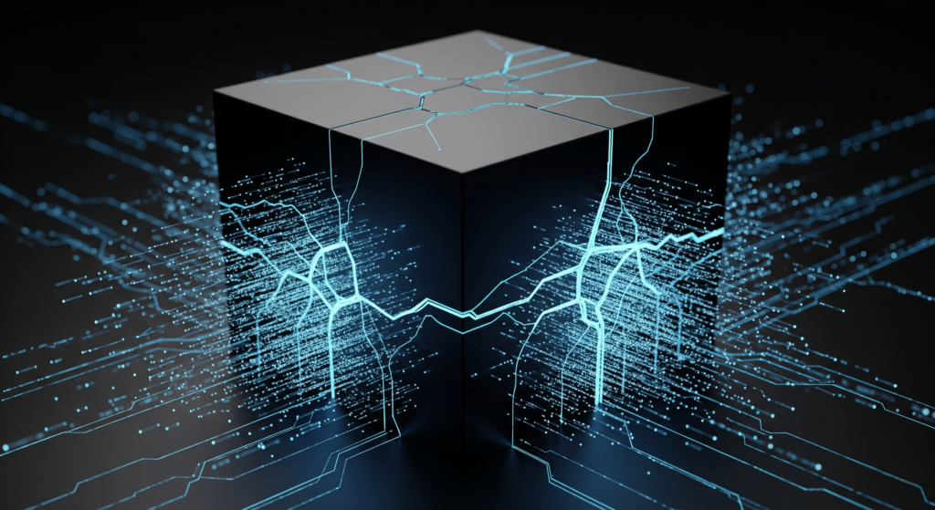 An AI black box cracking open, symbolizing how verifiable AI and AI data lineage create transparency for effective AI governance.