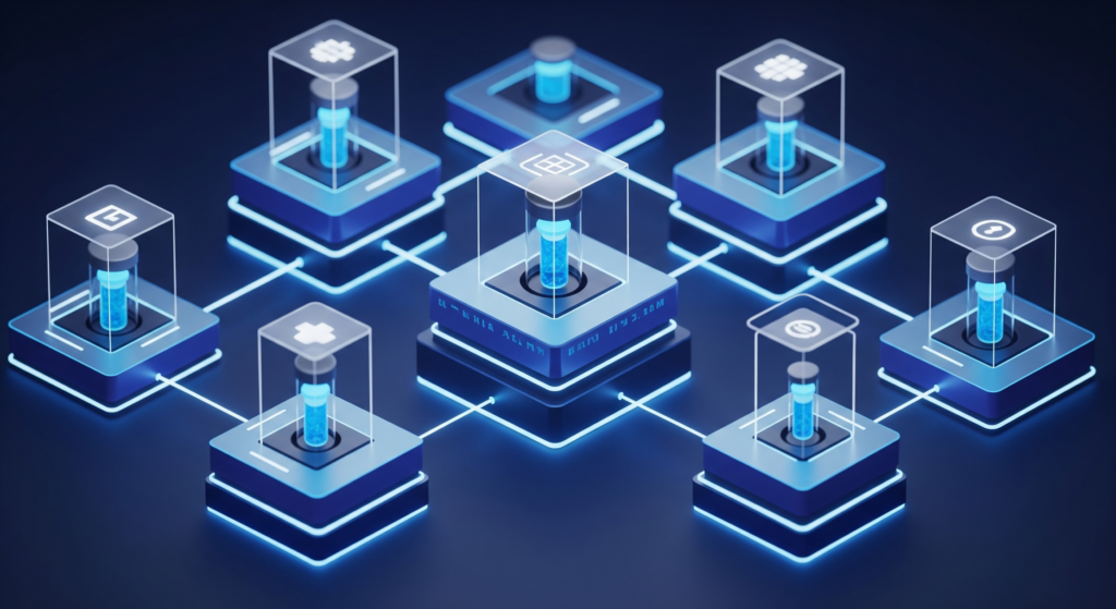 A conceptual image illustrating blockchain in biobanking, showing glowing vials of biosamples, each secured within its own interconnected digital block, forming a secure and decentralized network.