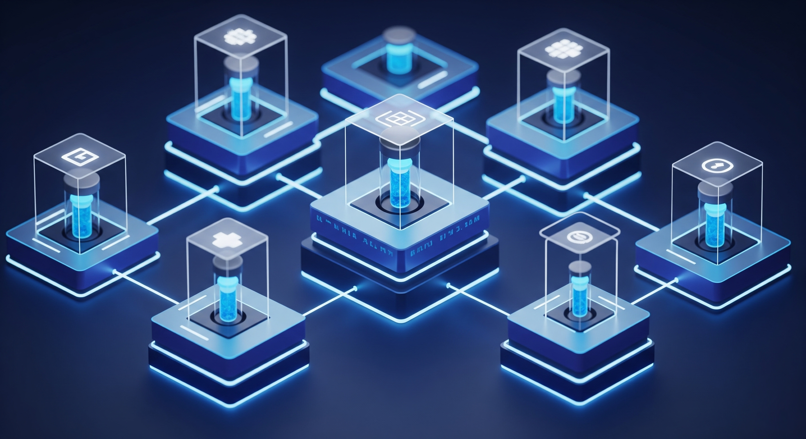 A conceptual image illustrating blockchain in biobanking, showing glowing vials of biosamples, each secured within its own interconnected digital block, forming a secure and decentralized network.