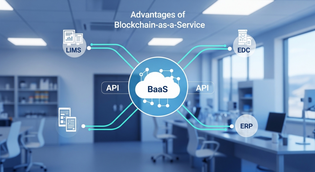 An infographic illustrating the benefits of blockchain in biobanking, showing a central Blockchain-as-a-Service (BaaS) cloud seamlessly connecting to LIMS, EDC, and ERP systems via APIs to show faster deployment and scalability.
