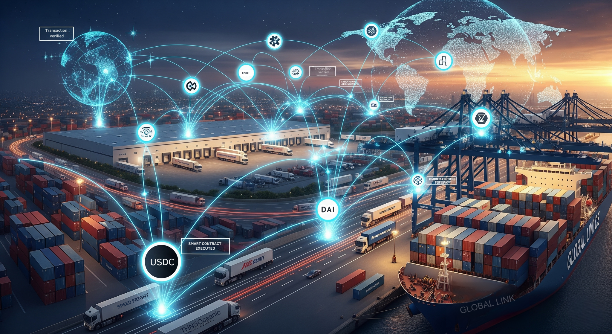 Digital illustration of a global supply chain network powered by blockchain and stablecoins. Shipping containers, trucks, and cargo ships are connected by a network of digital nodes representing stablecoin transactions (USDC, DAI), smart contracts, and verified transactions, overlaid on a world map.