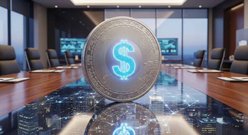 A silver, digital dollar stablecoin sits on a corporate boardroom table, reflecting a city skyline and data streams, symbolizing the integration of stablecoins into enterprise-grade global finance.