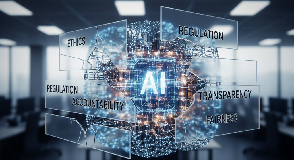 High-contrast illustration of a glowing AI core connected to a digital ledger — visualizing AI fine-tuning workflows secured by blockchain for immutable data provenance, audit trails, automated IP/royalty management and enterprise-grade auditability.
