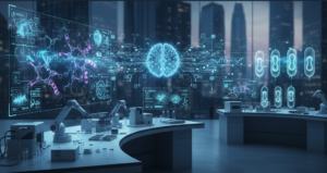 A futuristic, automated laboratory where generative AI analyzes complex biological data on holographic screens for drug discovery, with robotic arms handling lab equipment.
