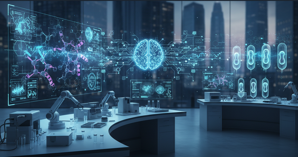 A futuristic, automated laboratory where generative AI analyzes complex biological data on holographic screens for drug discovery, with robotic arms handling lab equipment.
