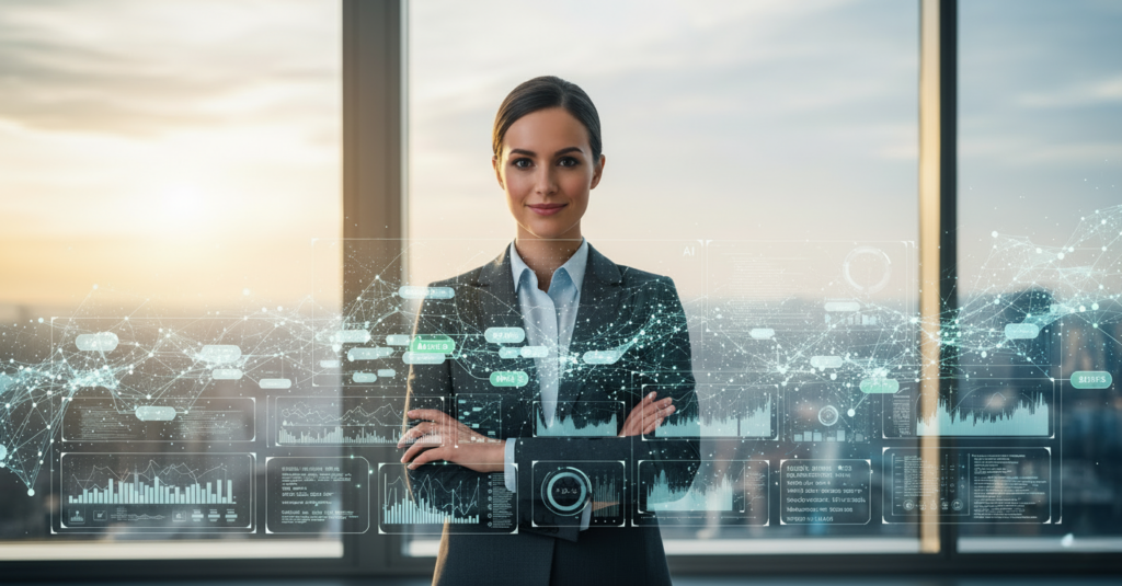 Executive reviewing AI fine-tuning dashboards with blockchain provenance overlays showing model lineage and audit trails.