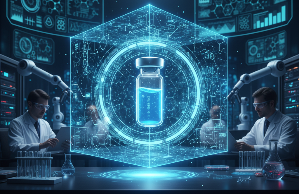 A scientist in a futuristic laboratory observes a glowing holographic molecular structure. Surrounding them are robotic arms and large digital screens with complex data, illustrating the use of generative AI and secure blockchain technology in the drug discovery process for the pharmaceutical industry.