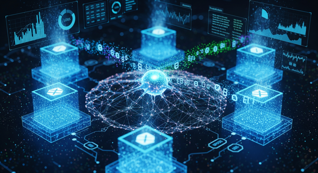 AI fine-tuning pipeline with blockchain ledger and decentralized nodes showing provenance and auditability.