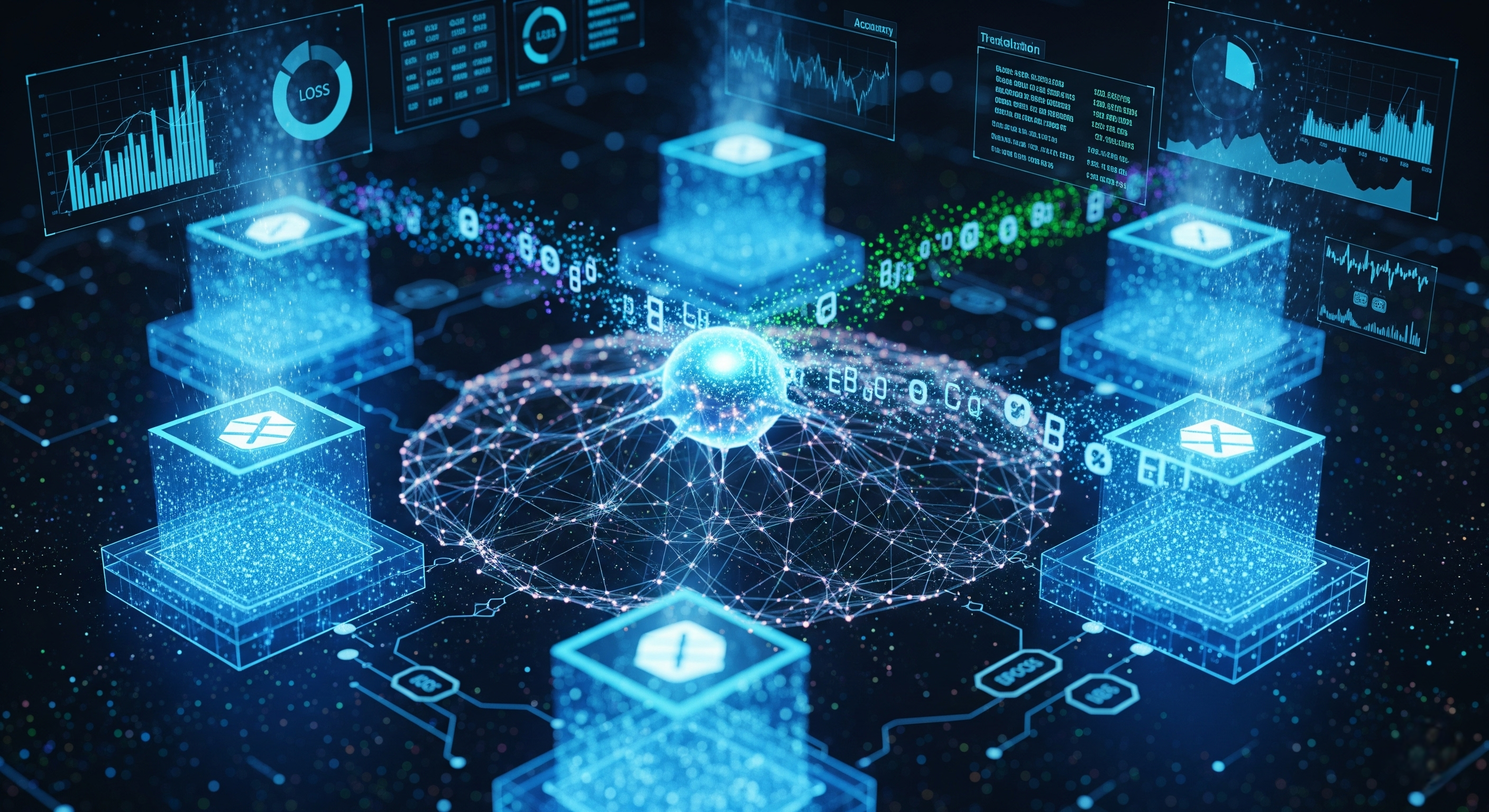 AI fine-tuning pipeline with blockchain ledger and decentralized nodes showing provenance and auditability.