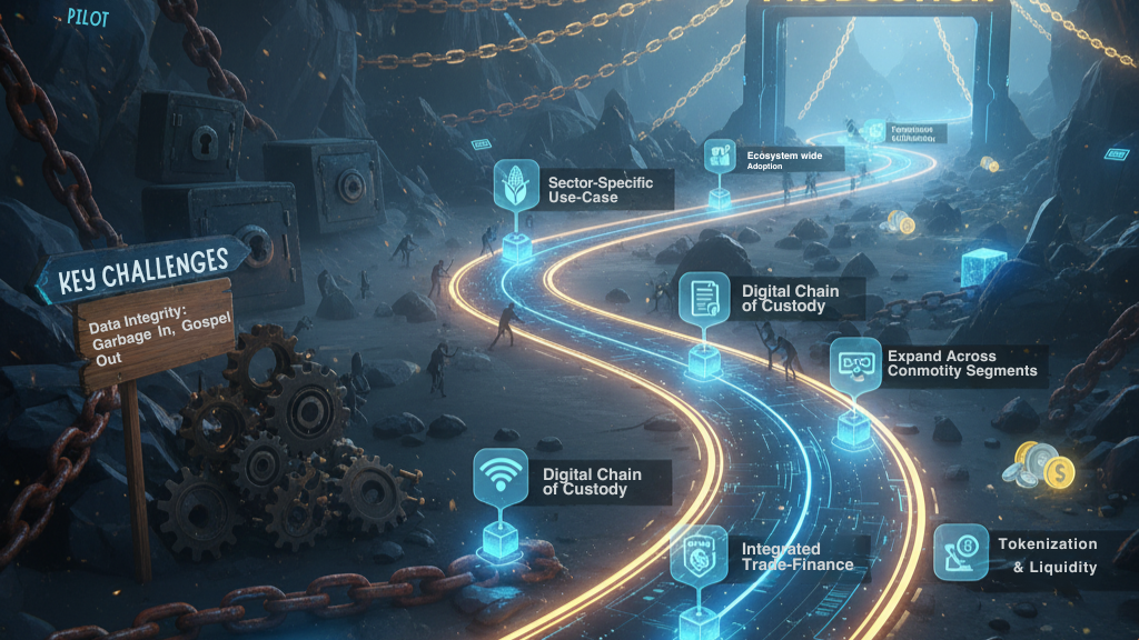 Conceptual image depicting a winding roadmap from 'Pilot' to 'Full Production' for blockchain in commodity markets, highlighting key challenges like data integrity and solutions like digital chain of custody.