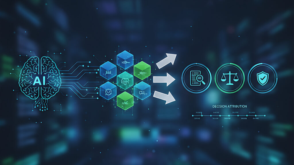 Conceptual image showing AI brain connecting to blockchain blocks for decision attribution, leading to transparency, justice, and trust in AI governance.