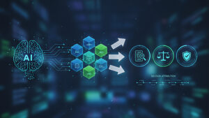 Conceptual image showing AI brain connecting to blockchain blocks for decision attribution, leading to transparency, justice, and trust in AI governance.