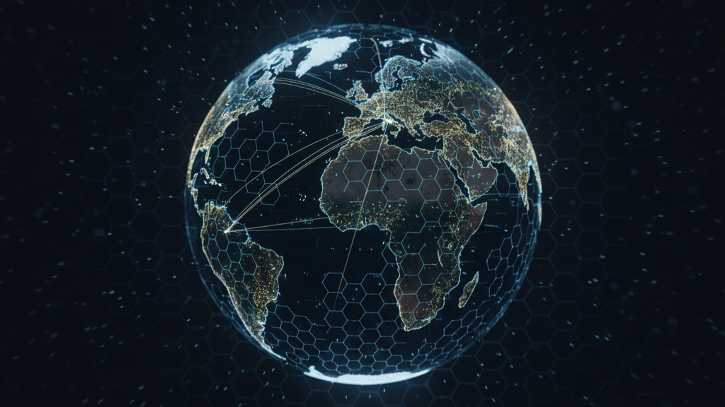Stylized dark globe with glowing digital shipping routes and a hexagonal blockchain grid, symbolizing data tracing and secure logistics in the global commodity market.
