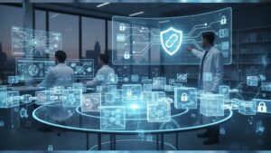 Three researchers in a futuristic lab setting, surrounded by holographic displays of blockchain elements, locks, and data, illustrating enhanced clinical trial credibility through secure data management.