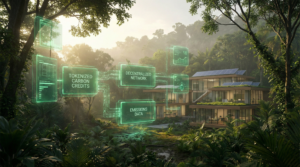 A holographic interface showing a "Tokenized Carbon Credits" and "Decentralized Network" system floating in a rainforest next to a sustainable, solar-powered house.