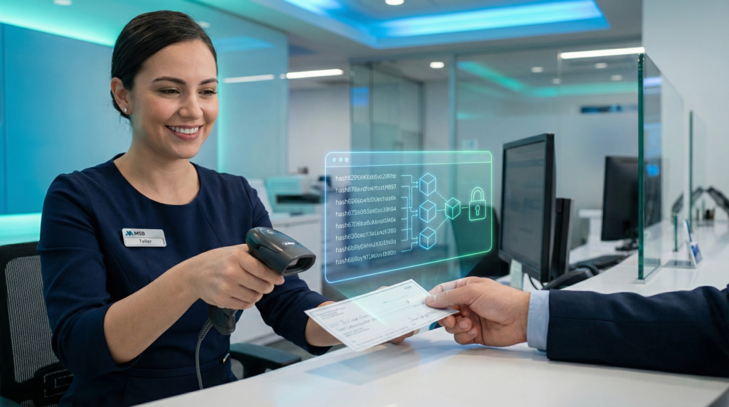A friendly MSB teller scanning a paper check with a handheld device, overlaid with a holographic blockchain ledger and padlock icon, illustrating advanced check fraud prevention technology.