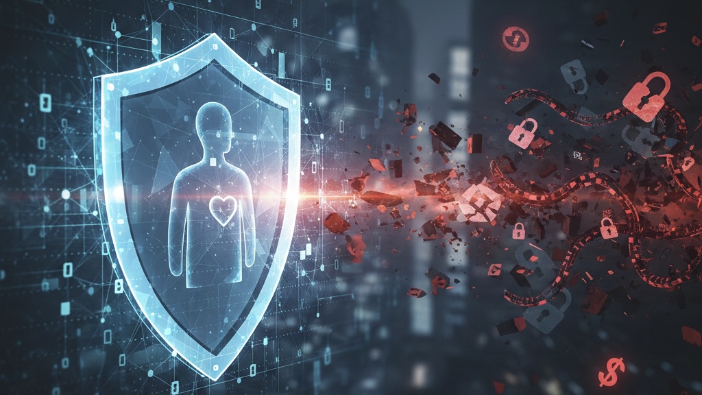 Digital illustration of a glowing blue shield protecting a human silhouette from incoming red cyber attack fragments, representing blockchain security and self-sovereign identity defending patient health data.