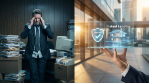 A split image showing on the left a stressed business executive overwhelmed by paper files in a dark office, and on the right a hand holding a glowing glass tablet displaying a holographic house and the text "Instant Lending" in a modern, sunlit setting, symbolizing digital mortgage transformation.