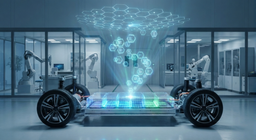 A high-tech visualization of a futuristic EV chassis in a laboratory, with a glowing battery pack emitting holographic hexagonal data blocks that flow upwards into a secure network cloud, symbolizing blockchain-based battery lifecycle tracking and data connect