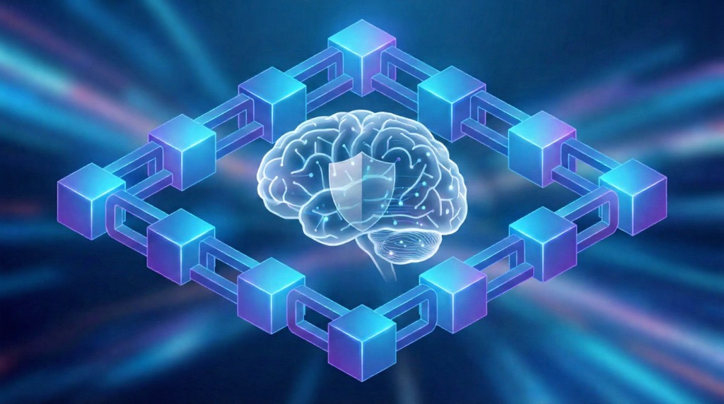 A futuristic illustration of a glowing digital brain protected by a padlock shield, enclosed within a continuous blockchain structure, symbolizing secure AI data governance.