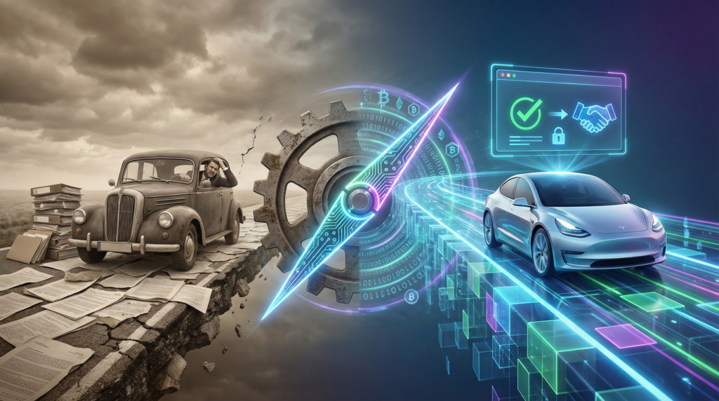A split-screen illustration depicting the evolution of vehicle coverage, transitioning from a vintage car stuck in paper piles to a futuristic vehicle speeding through a digital network, symbolizing the efficiency of smart contracts in auto insurance.