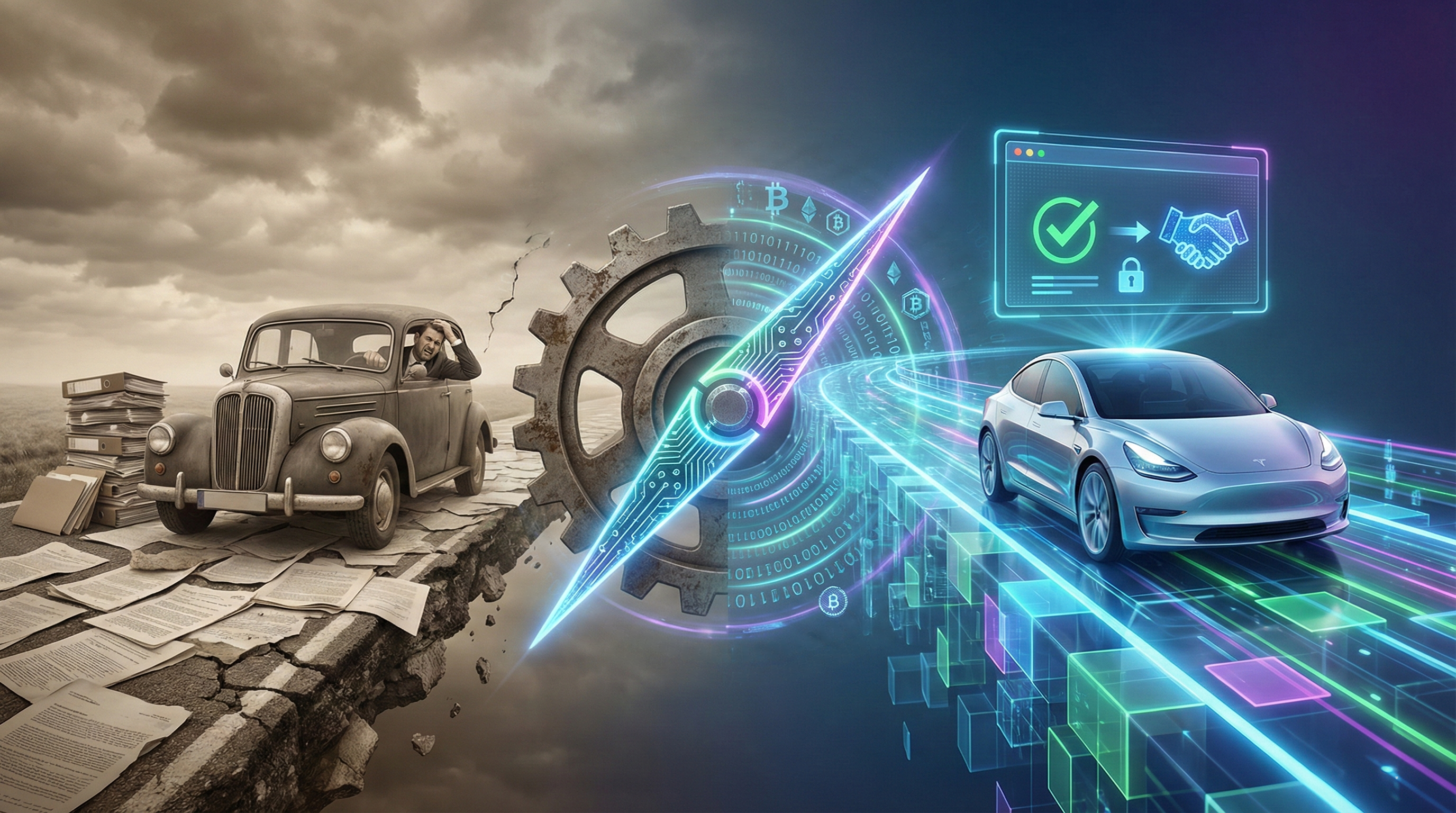 A split-screen illustration depicting the evolution of vehicle coverage, transitioning from a vintage car stuck in paper piles to a futuristic vehicle speeding through a digital network, symbolizing the efficiency of smart contracts in auto insurance.
