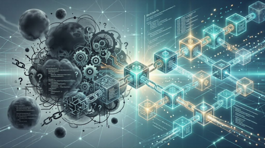 A digital conceptual illustration. On the left, a chaotic, dark network of gears and obscure code with question marks, connected by broken chains. On the right, a structured, bright, and transparent chain of interconnected glowing blocks and data nodes, labeled "blockchain fix" and "code for verification", with data flowing through it.