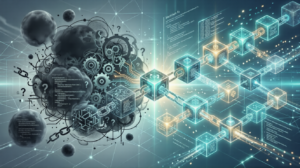 A digital conceptual illustration. On the left, a chaotic, dark network of gears and obscure code with question marks, connected by broken chains. On the right, a structured, bright, and transparent chain of interconnected glowing blocks and data nodes, labeled "blockchain fix" and "code for verification", with data flowing through it.
