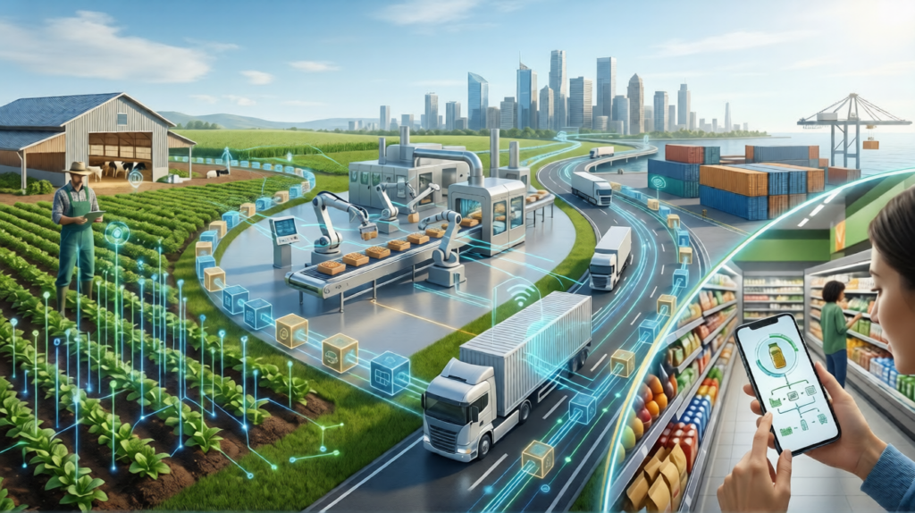 A detailed illustration of an interconnected food supply chain, showing a farm, a factory with robotic arms, delivery trucks with sensors, and a grocery store aisle with a consumer using a smartphone.