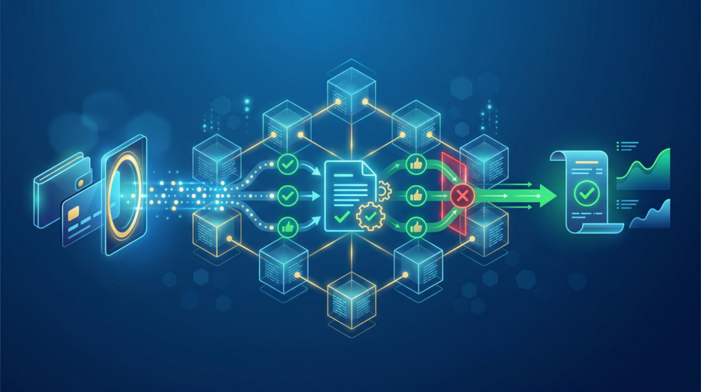 An isometric infographic illustrating a secure blockchain transaction flow. It shows data from a digital wallet passing through a network of connected nodes and being validated by a central smart contract icon (document with gears and checkmarks). The process successfully routes around a potential decline point (red X) and concludes with a successful payment receipt (green checkmark scroll) and graphs.